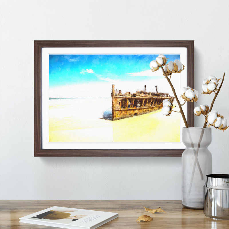 Maheno Shipwreck Australia - Picture Frame Graphic Art Print, Walnut Framed, 62cm H x 87cm W x 2cm D