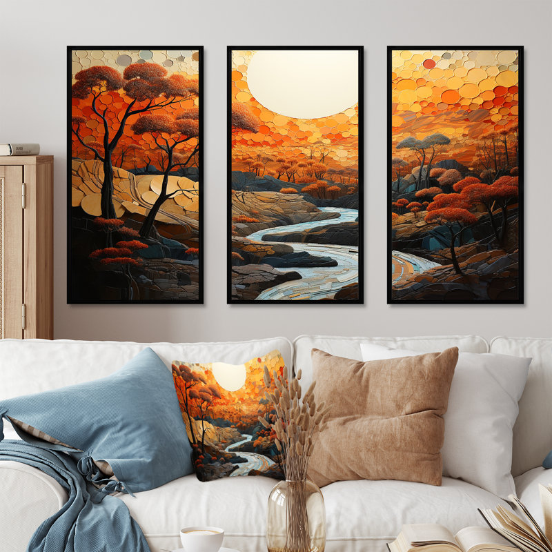 Orange Sunset Abstract Landscape Stream I - Art abstrait paysage mural, Cadre flottant noir, H 28 po x l 36 po x P 1 po