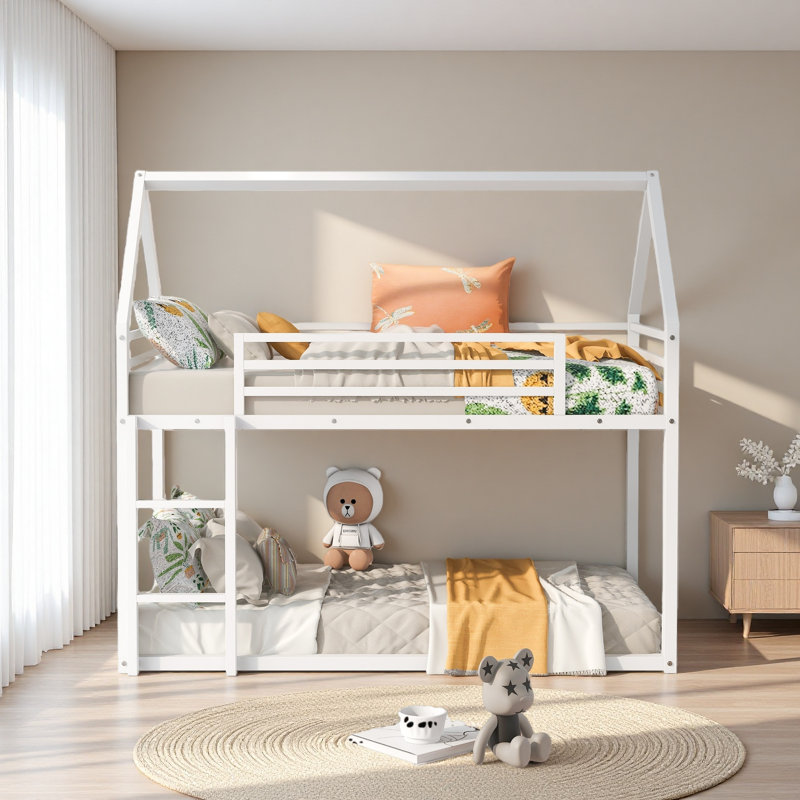 Twin Over Twin House Bunk Bed With Built-In Ladder, White