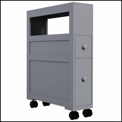 Slim Wood Rolling Bathroom Side Storage Cabinet with Shelves and Drawers for Efficient Organization
