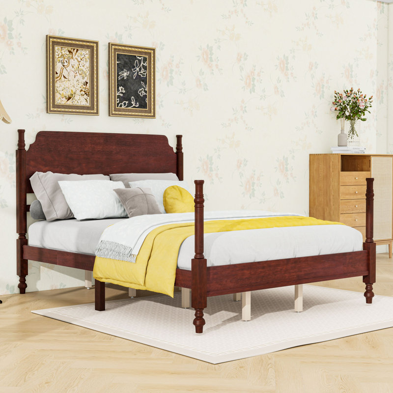 Lit plateforme en bois avec tête de lit et pieds centraux, Queen, Noyer foncé