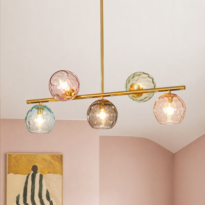 5-Light Linear Pendant Light Colorful Water Ripple Glass Globe Chandelier