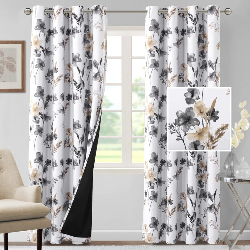 Rideaux 100% occultant de 84 po de longueur et 2 panneaux de rideaux thermiques à motif floral Leah, gris et taupe