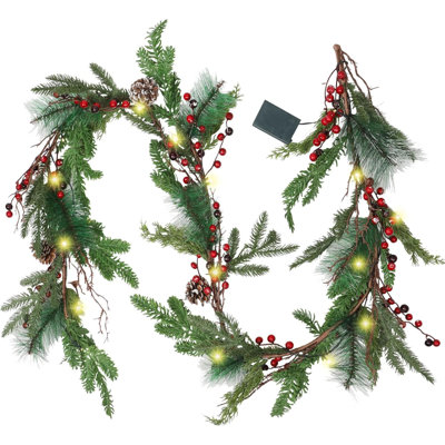 6 FT Pre-Lit Artificial Christmas Garland With 20 LED Lights, Battery Powered With Pine Cones, Red Berries, Pine Needles, Lighted Christmas Garlands For Fireplace Mantle Holiday Decorations