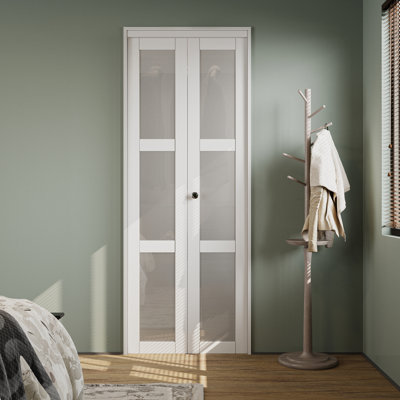 32in x 80in LuminaMatte™ 3-Lite Glass Door Solid Manufactured Wood Bi-Fold Door with Installation Hardware Kit