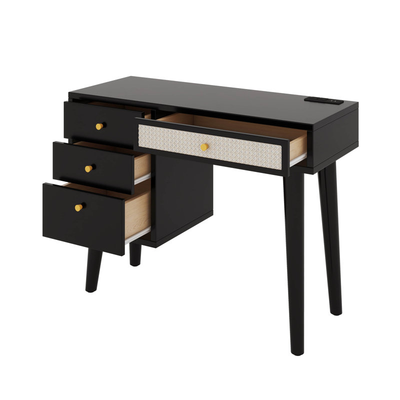 Dressing Table With 3 Storage Drawers And 1 Rectangular Rattan Drawer, Black
