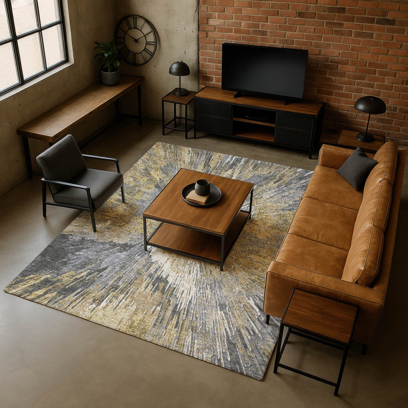 Premium Machine Washable Mayfield AMF2283 Abstract Rug, Gold, 10' x 14'