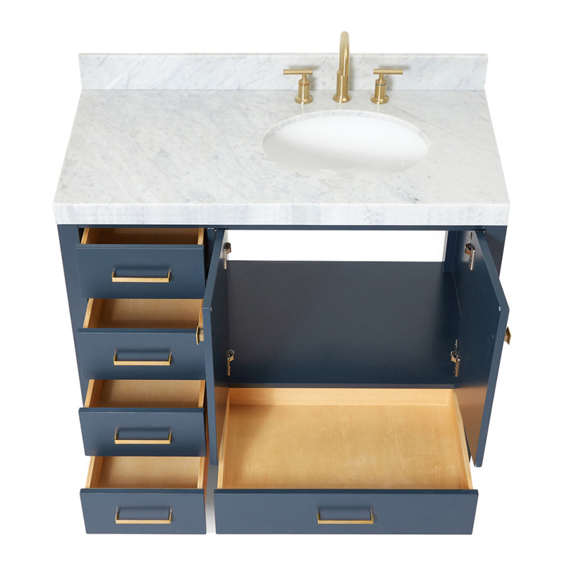 Meuble-lavabo simple 42 po avec comptoir Cambridge, Oui, Oval, Bleu minuit / laiton satiné