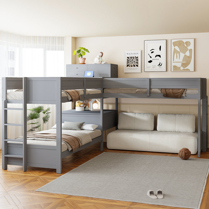 Lit simple superposé en forme de L simple gris avec bureau intégré, 4 tiroirs, ports USB et prise de courant, Gris