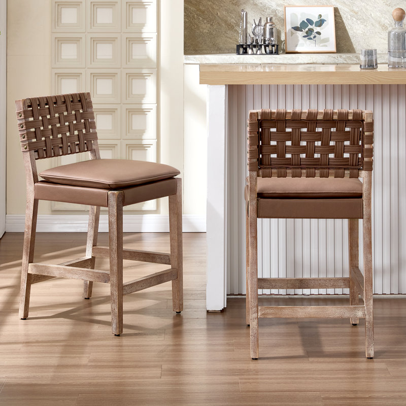 Stylishly Chic Mid-Century Modern Faux Leather Bar Stool - Perfect Counter Height Chair with Elegant Footrest and Woven Faux Leather Back for Your Kitchen