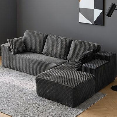 Boneless 96" L-Shaped Cloud Sectional Sofa with Oversized Chaise, Modular 3-Seater Corduroy Couch for Living Room & Bedroom, Deep Seat No Assembly Required (black, L Shape with Right FacingChaise)