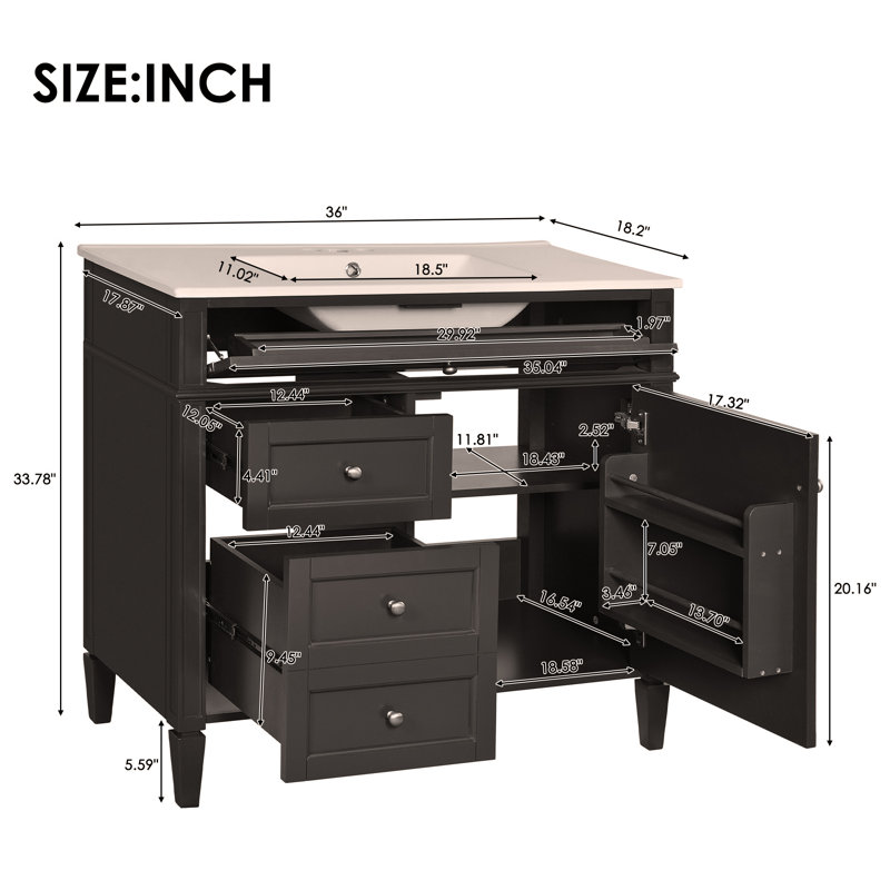 Meuble-lavabo de 36 po avec lavabo supérieur, armoire de rangement moderne avec 2 tiroirs et un tiroir basculant, Noir