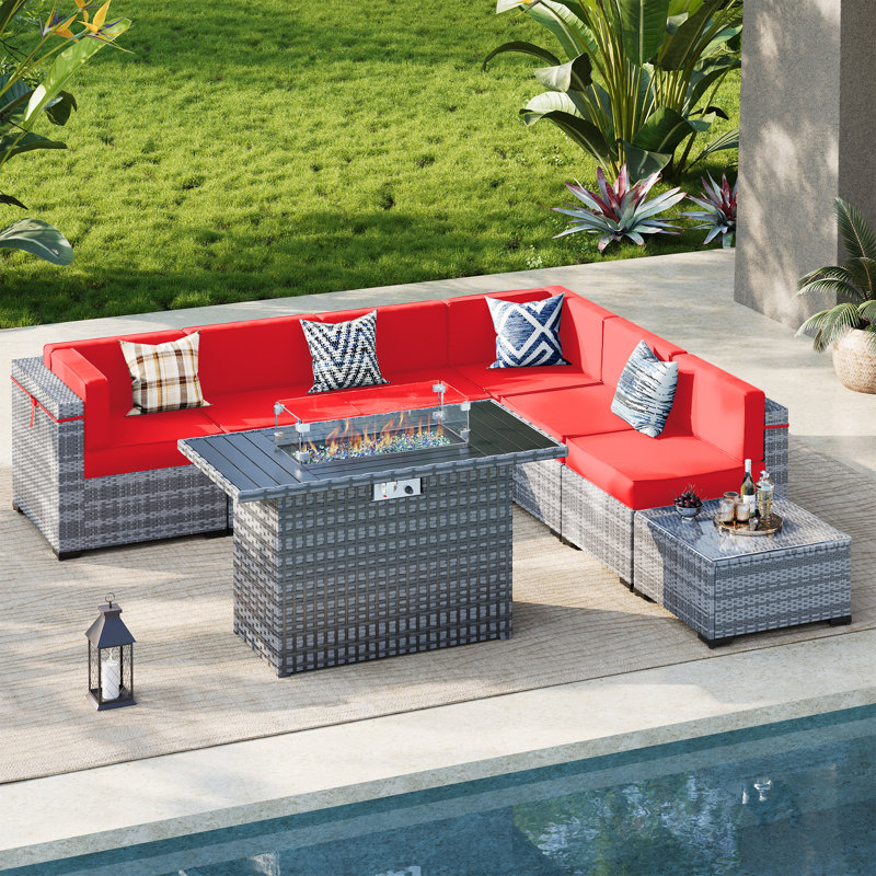 Cawanna 7 Piece Outdoor Rattan Seating Group with Cushions, Oui, Rouge vif