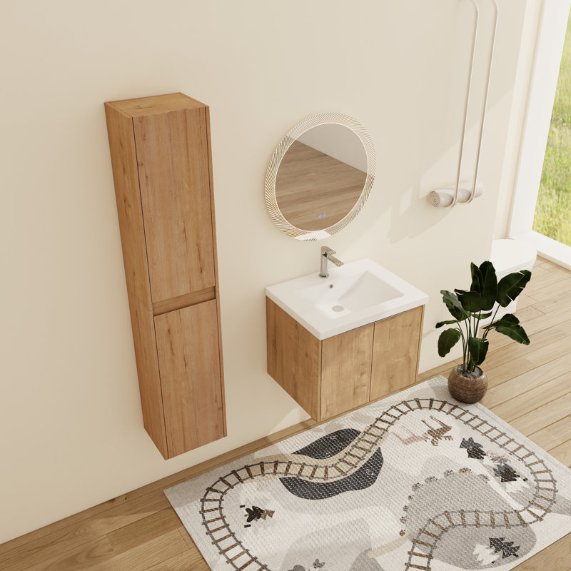 Eskar 24'' Wall-Mounted Single Bathroom Vanity With Resin Vanity Top & Side Cabinets, 24''