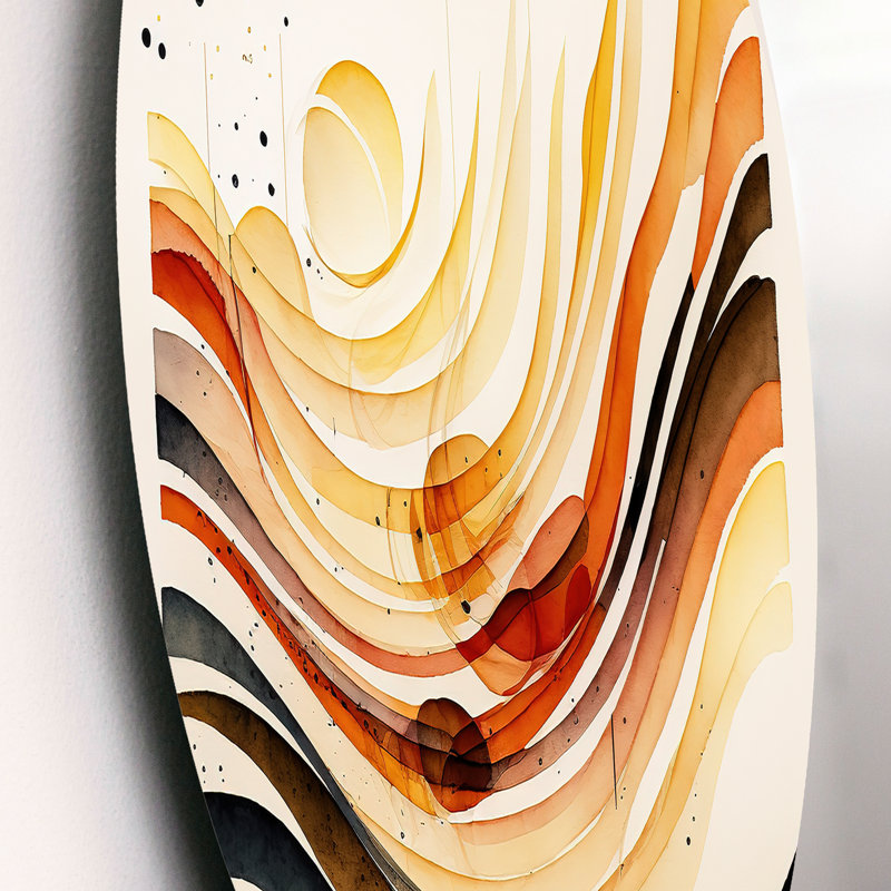 «Burnt Orange Waves Abstract IV - Abstract Minimalisme», art mural rond sur métal, L 16 po x H 16 po