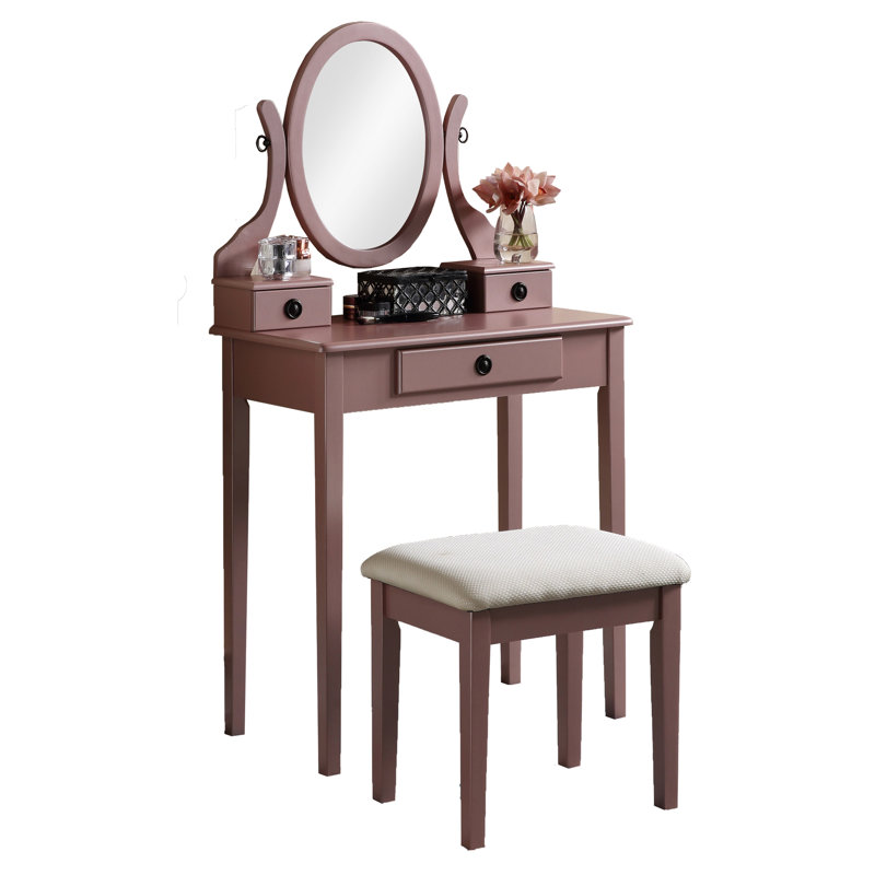 Wood Vanity Table And Stool Ensemble, Rose Gold - 3 Storage Drawers, Adjustable Oval Mirror, Broad Tabletop For Beauty Accessories, Padded Seat Makeup Stool, Supplies, Cushioned