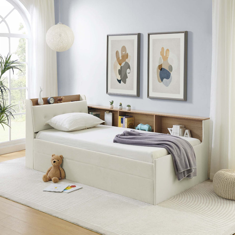 Lit de jour multifonctionnel avec lit gigogne et lumières DEL, chargement sans fil, Beige