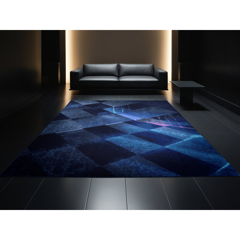 Tapis damier rétro bleu lavable à la machine Paulett, 5 X 8