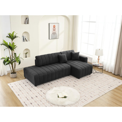 Canapé d'angle 3 places d'inspiration scandinave, revêtement en laine gris foncé, rembourrage en mousse, méridienne réversible, capitonnage précis, silhouette minimaliste, rembourrage en laine douce aux angles, design élégant, tissu à canaux