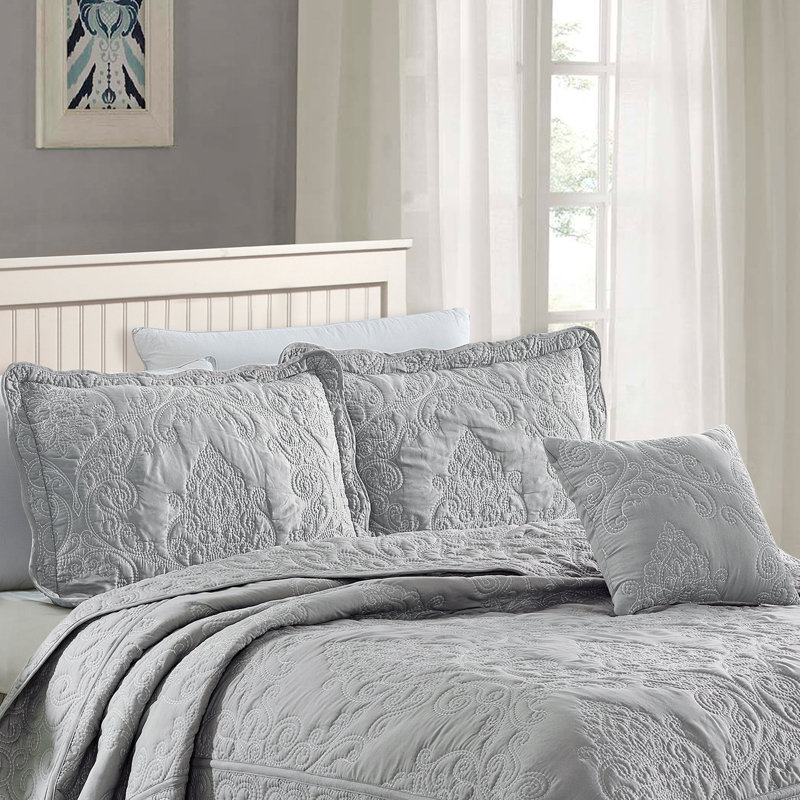 Ash Gray Oversized King Damask Embroidery Quilt Set