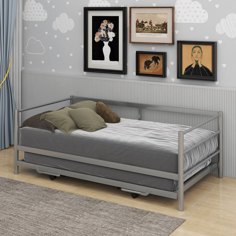 Twin Size Metal Daybed With Adjustable Trundle, Silver