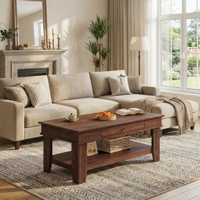 47.2" Coffee Table with Drawer and Open Shelf – Large, Sturdy Living Room Center Table, Easy-to-Clean Surface, Holds Up to 300 lbs