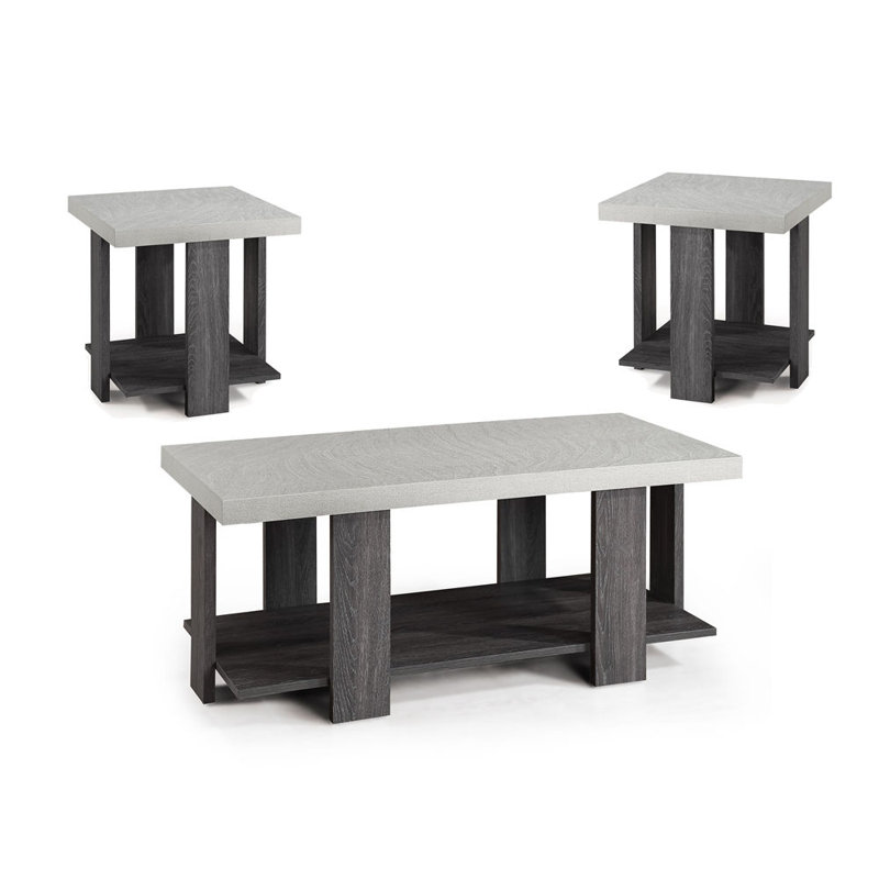Ensemble de salon gris 3 pièces avec table basse et deux tables de bout assorties