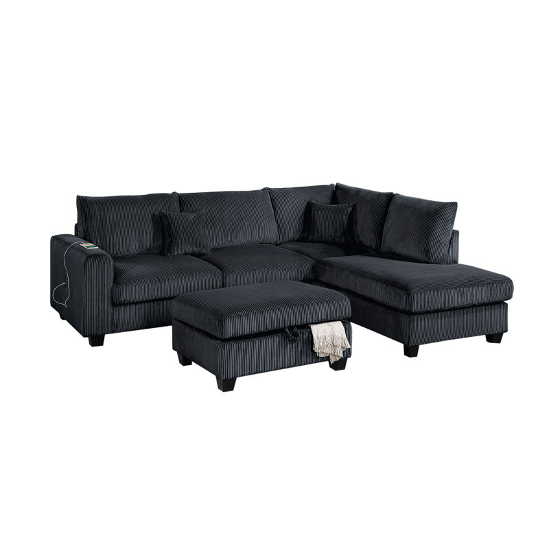 Modern Style 3Pc Sectional Set Usb Port Storage Ottoman Right Arm Chaise Left Arm Sofa Black Finish Primary Living Room