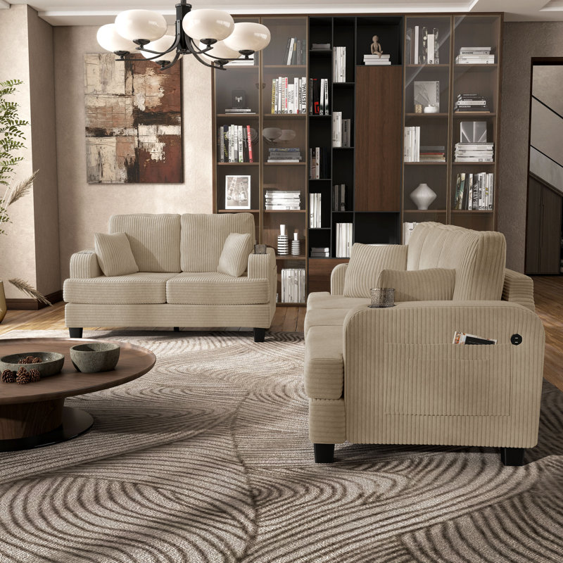Luka 2-Piece Chenille Sofa Set, Beige, 2 Pcs: Sofa, Loveseat