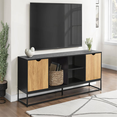 Meuble télé, console de 72 po, meuble multimédia, meuble de rangement, salon, stratifié noir, métal noir, moderne, contemporain
