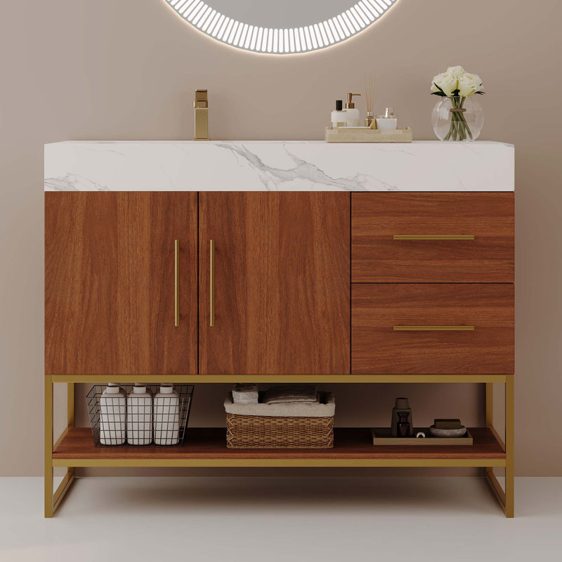 Meuble-lavabo autoportant moderne avec lavabo en céramique sans soudure et plateau en pierre frittée, Or ; noyer