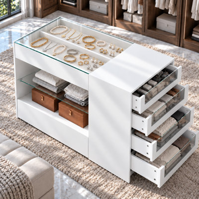 70.8" W Closet Island With Glass-Top Jewelry Display, 8 Drawers And Open Storage Shelves