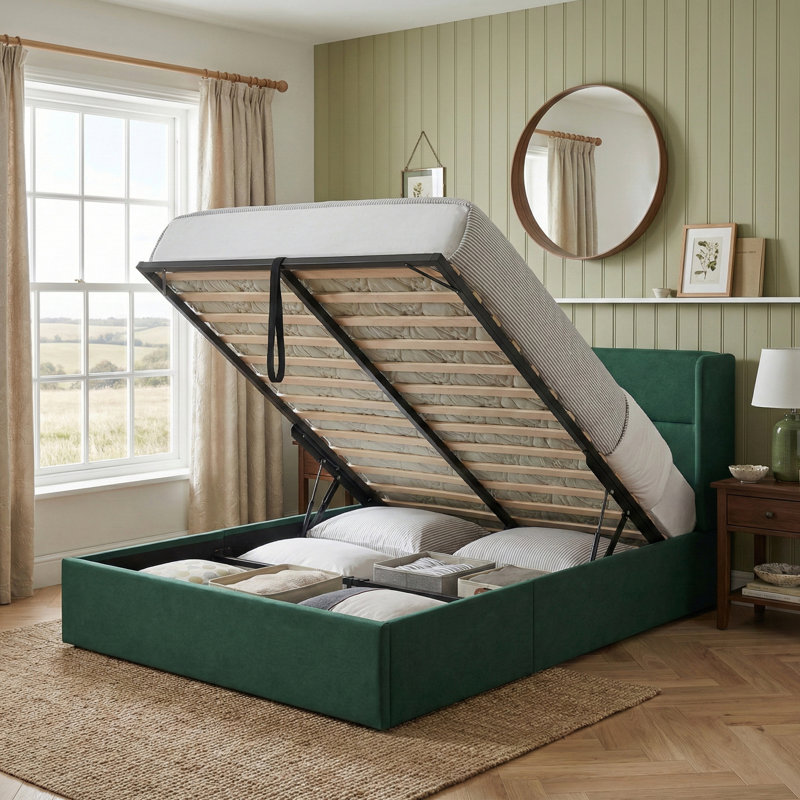 Lit plateforme tapissier avec rangement Gaillarde, Double, Vert foncé