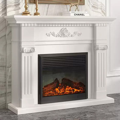 White Solid Wood Electric Fireplace