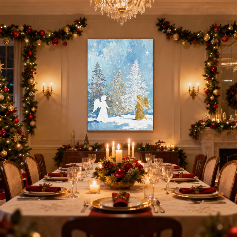 «Christmas Winter Angels Snowy Trees», ensemble de 3 impressions sur toile bleu ciel, H 24 po x l 16 po