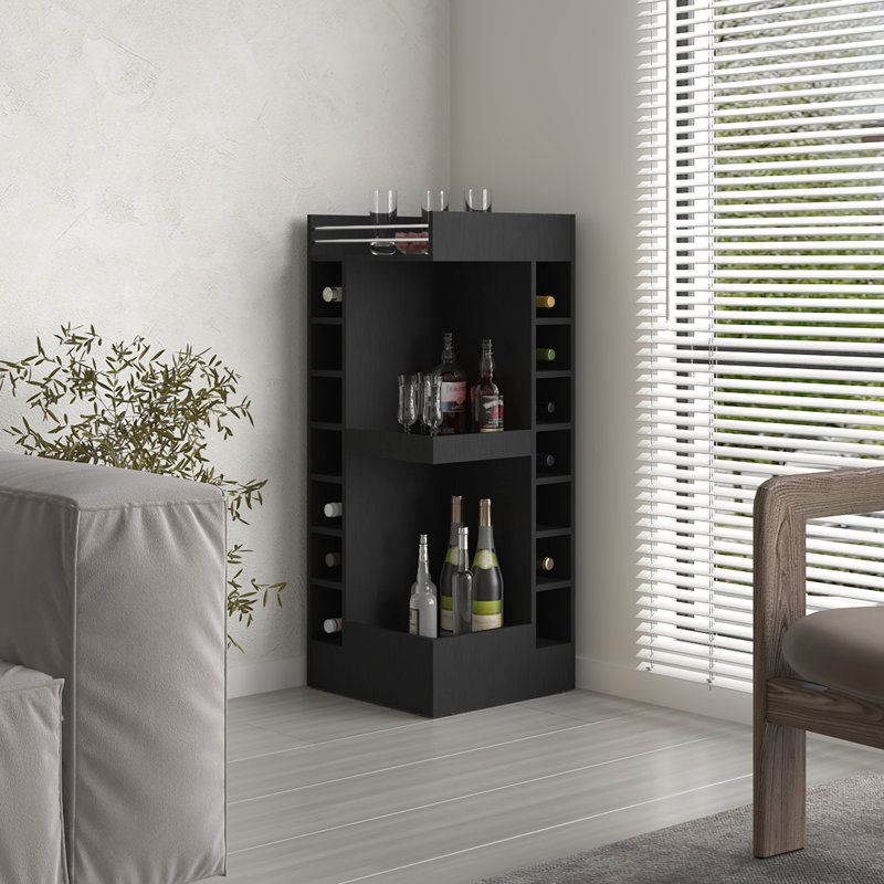 Armoire de coin pour 14 bouteilles de liqueur en noir pour bar personnel de 46 po de hauteur avec bouteilles et look tendance