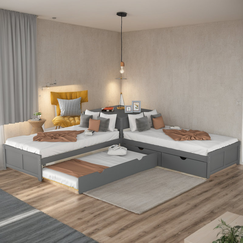 116.3"W L-Shaped Platform Bed With Trundle And Drawers Linked With Built-In Desk, Twin, Espresso, Grey
