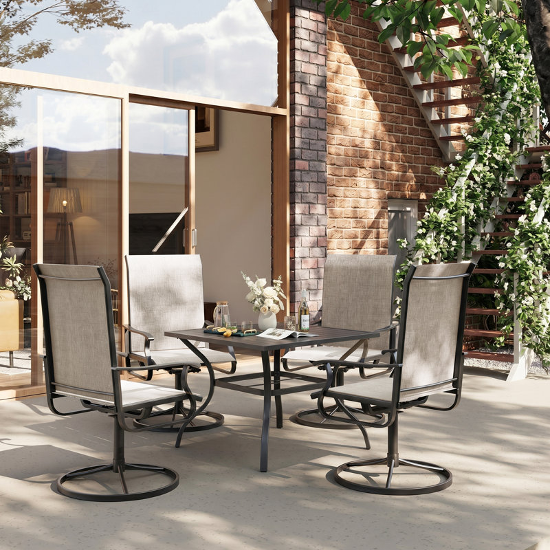 Ensemble de salle à manger de patio pour 4 personnes avec trou pour parasol, fauteuils pivotants à 360 ° avec structure en textilène et structure en acier thermolaqué, table et chaises de salle à manger d'extérieur pour patio, cour, terrasse et bord de piscine