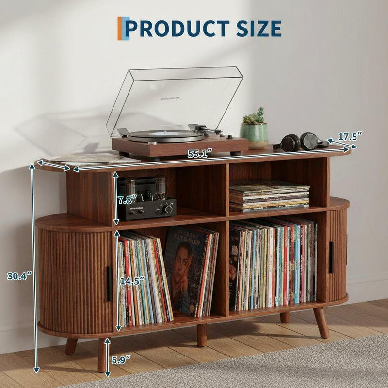 55 inch Record Player Stand with Storage and Charging Station, Large Round Vinyl Record Cabinet, Mid-Century Modern Turntable Stand with USB Ports & Power Outlets for Living  Room, Bedroom