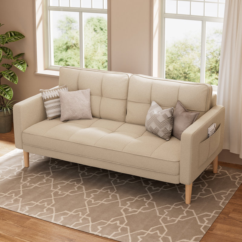 Canapé rembourré en mélange de lin de 69 po de largeur avec accoudoirs et pieds en bois robustes, 100 % lin beige