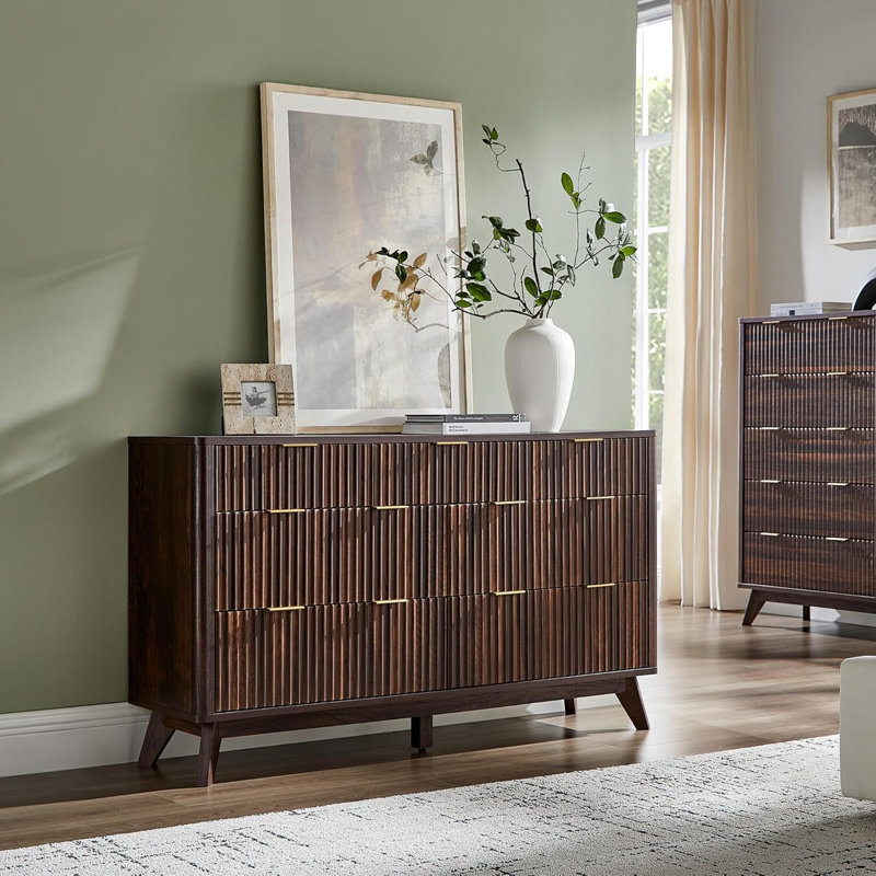 Fluted 7 Drawers Dresser 54in Wide Modern Chest of Drawers with Faux Marble Top Dresser TV Stand Wood Drawer Organizer Walnut Brown