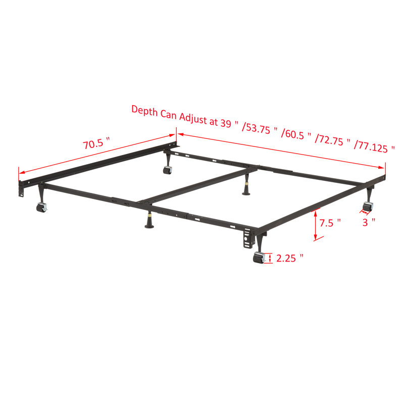 Structure de lit robuste en métal à 6 pieds réglables pour lit simple / double / grand / très grand avec double support central et roulettes verrouillables