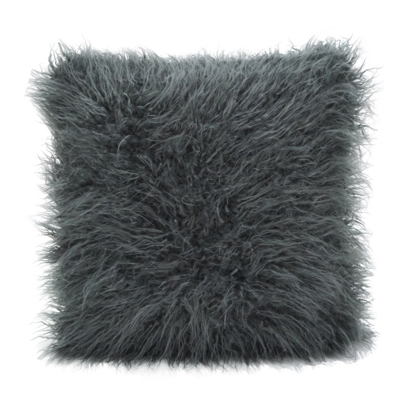 Slate Faux Mongolian Fur Square Throw Pillow 18" x 18"