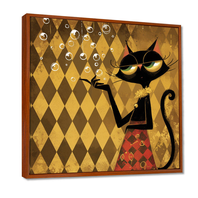 Chat rétro taquin - salon d'art mural chat, Toile avec cadre brun, H 36 po x l 36 po x P 1,5 po