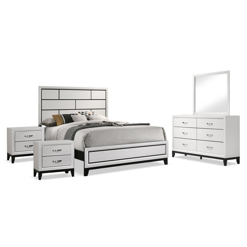 Ferris Beeson 5-Piece Bedroom Set, Grand lit, Noir / blanc, 5 Pcs: Bed, 2 Nightstand, Double Dresser, Mirror