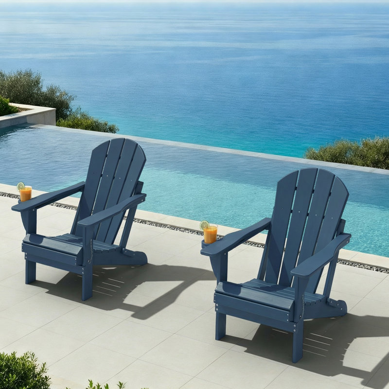Outdoor Foldable Adirondack Chair Set HDPE Fire Pit Chair Weather Resistant, Navy Blue