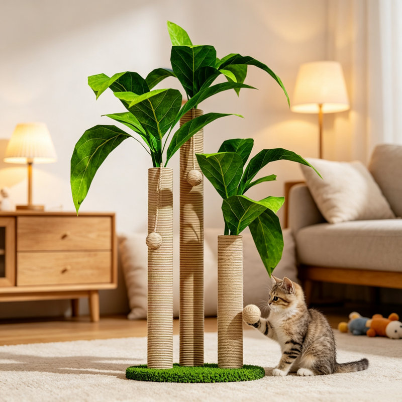Grattoir tropical en sisal avec tours multiniveaux et base en gazon naturel