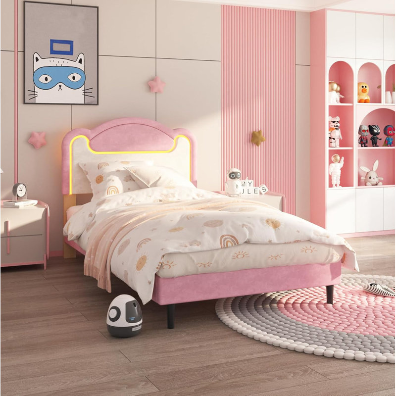 Upholstered Bed Frame, Fabric Headboard with LED Lights, Wooden Crossbar Support, No Box Spring Needed, Pink(Drawerless)