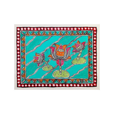 Blooming Lotus In The Pond | Madhubani Painting | Acrylic On Canvas | By Rina Patwa