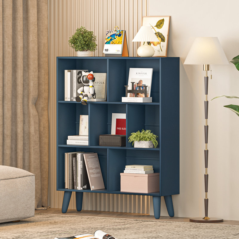 7 Cube Bookshelf, 3 Tier Modern Bookcase With Legs, Wood Cubeicals Organizer Storage Open Shelves, Retro Display Book Shelf, Freestanding Short Book Case For Bedroom,Living Room,Office